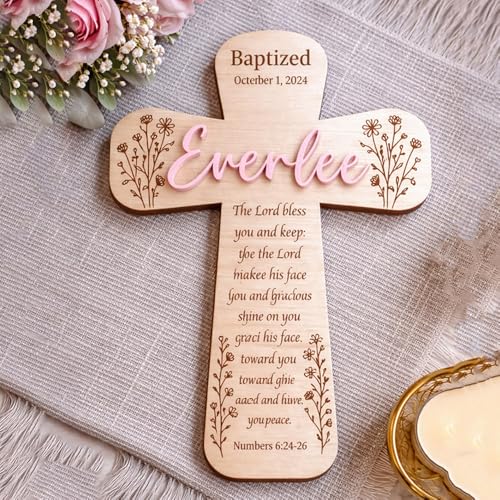 Image of Daty Custom Baby Baptism Gifts for Girls or Boys, Personalized Wooden Cross Wall Decor, Christening Gift, Religious Nursery Decor, Gift from Godparents1