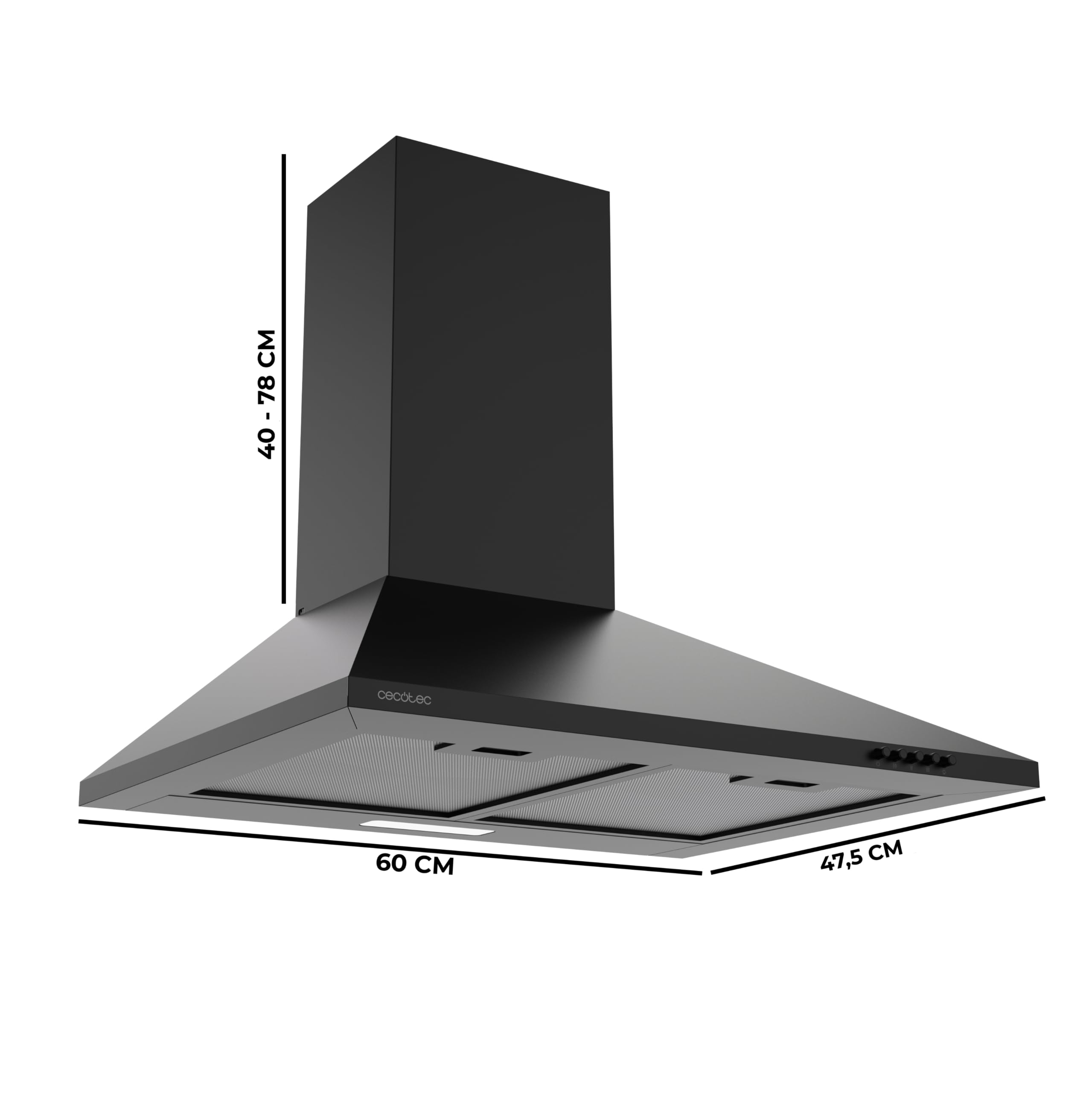 Cecotec Campana Extractora Piramidal 60 cm Bolero Flux PM 604000 Black A. Acabado Pintado Negro, Succión 382,5 m³/h, 3 Velocidades, Filtros de Carbono Incluidos, Clase A, Motor BLDC y Luz LED - 2
