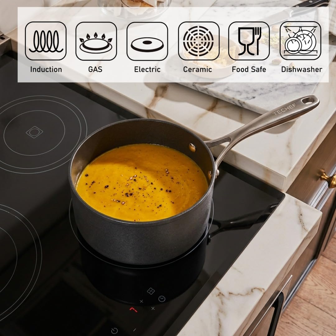 TECHEF OXPS Onyx Collection Stielkasserolle mit Glasdeckel, Teflon-Platin-Antihaftbeschichtung (PFOA-frei), Aluminium, Schwarz