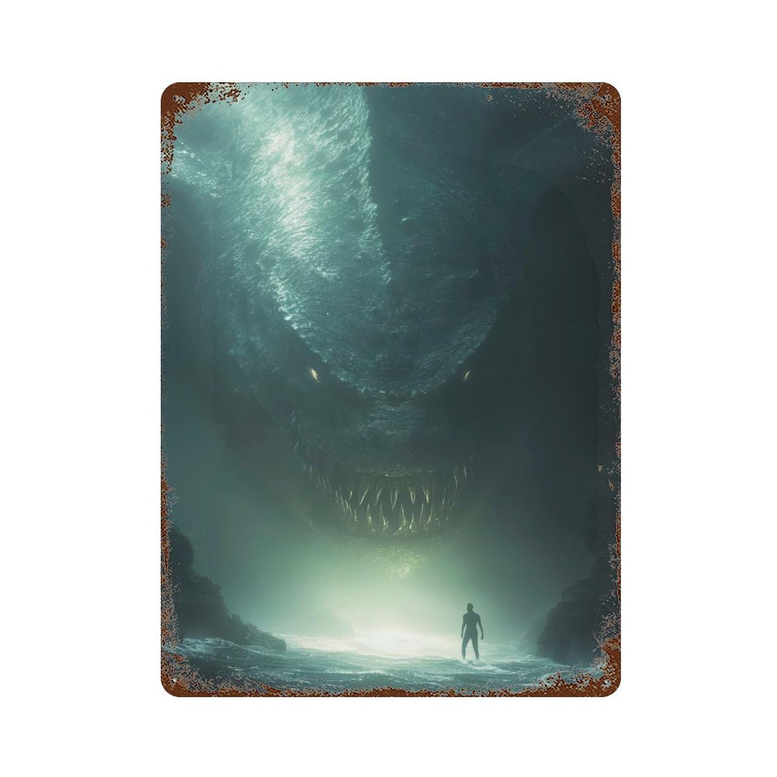 Thalassophobia Underwater Monster Encounter Weathered Tin Sign 15.7"x11.8", for Basement, Hobby Room And Garage Decor, Rustic Home Decor