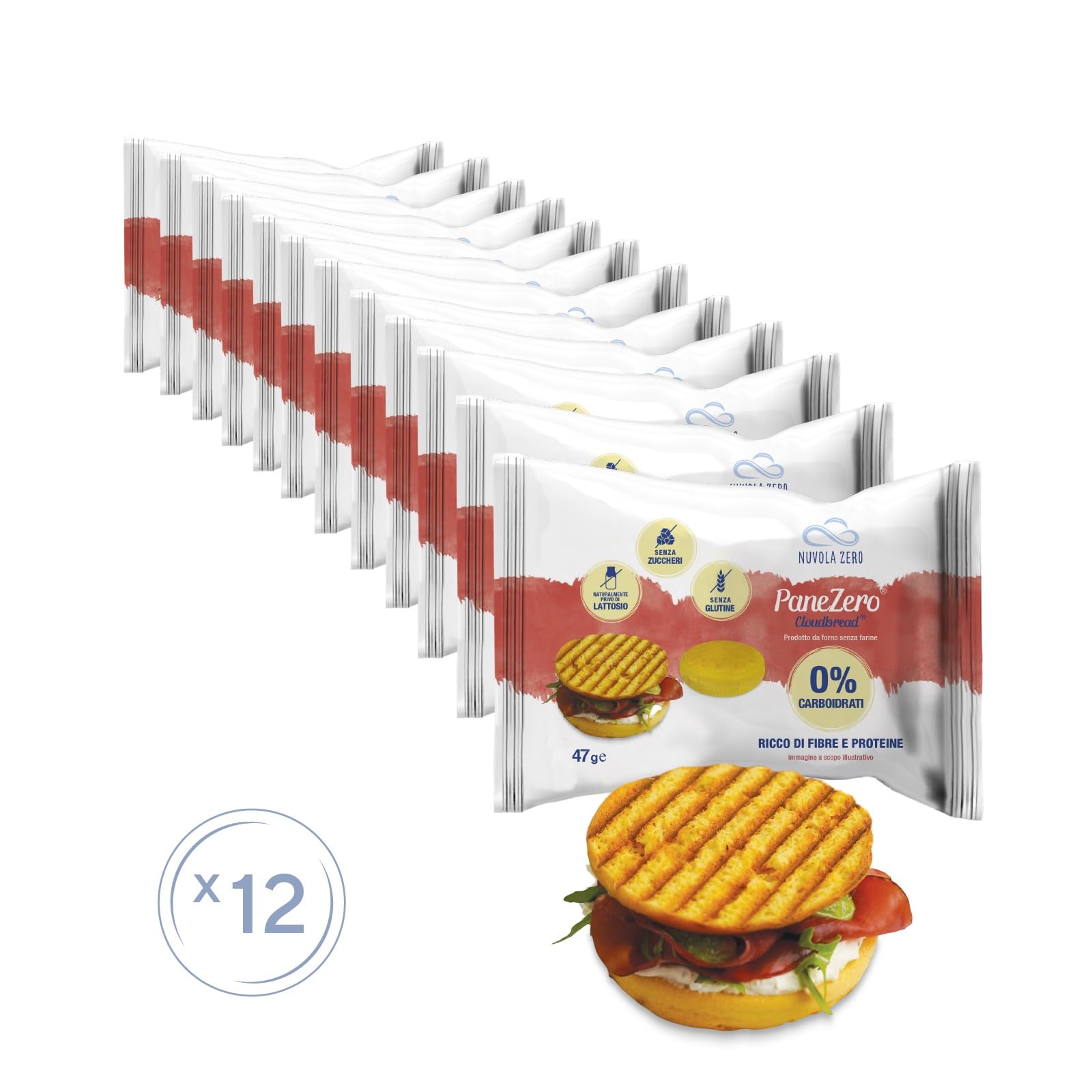 Nuvola Zero - Pane Zero Cloudbread, Pain Sans Carb, Sans Sucre, Sans Lactose, Riche en Fibres et Protéines, Sans Gluten, Paquet de 12, Fabriqué en Italie