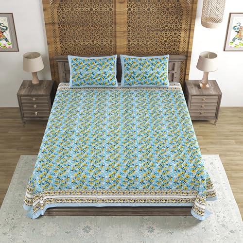 Image of BLOCKS OF INDIA Hand Block Printed 200 TC Cotton King Size Bedsheet (Blue GAD Buti)