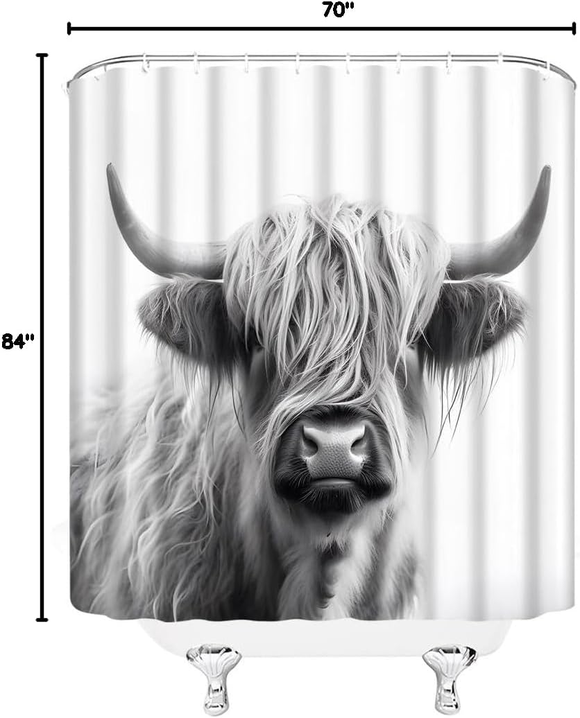 Highland Cow Shower Curtain Rustic Western Farmhouse Animal Longhorn Bull Vintage Farm Wildlife Portrait of Highland Cow Bathroom Decor Fabric Curtain with Hooks