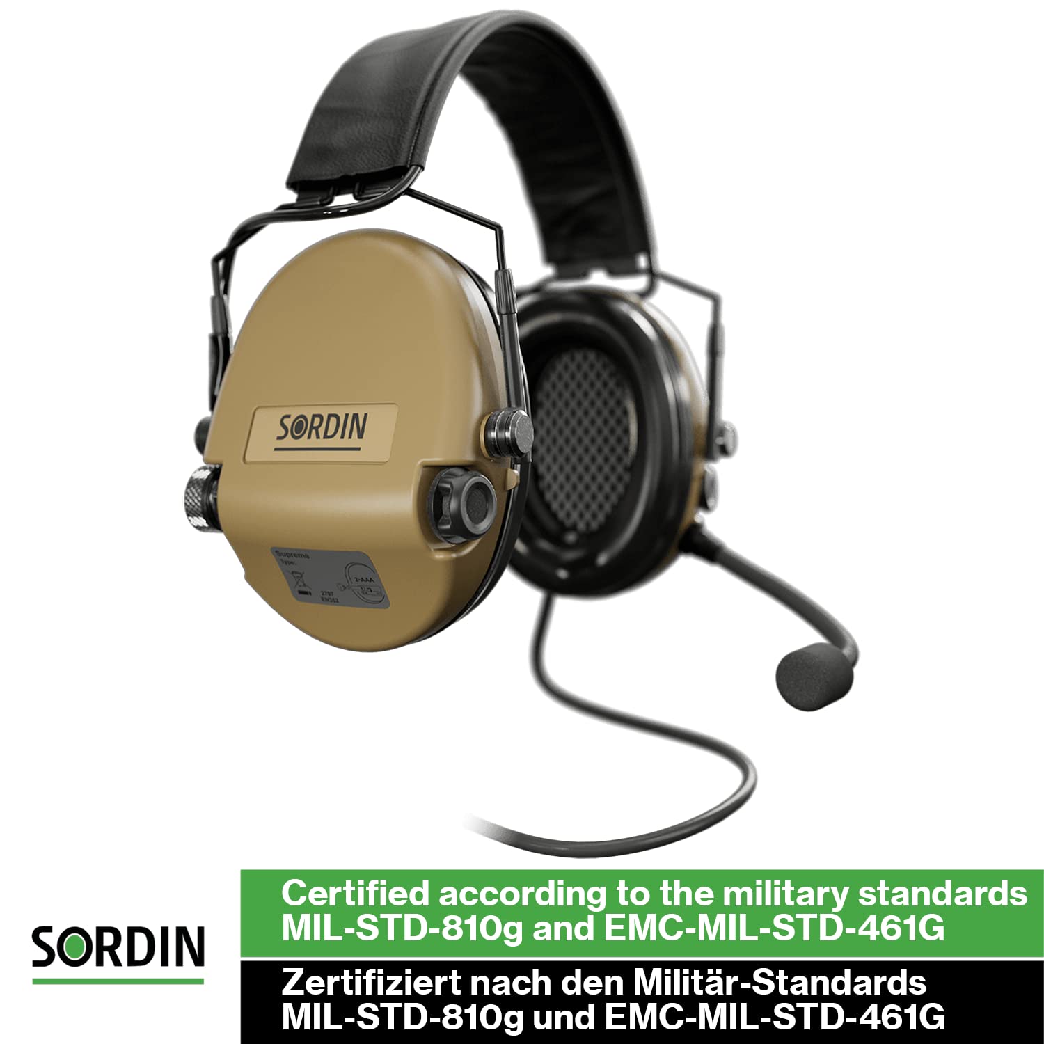 Sordin MIL CC Slim Kapsel-Gehörschützer - 74332-05-S - Militär-Gehörschutz mit Funk-Anschluss, Mikrofon & Lederband - Oliv