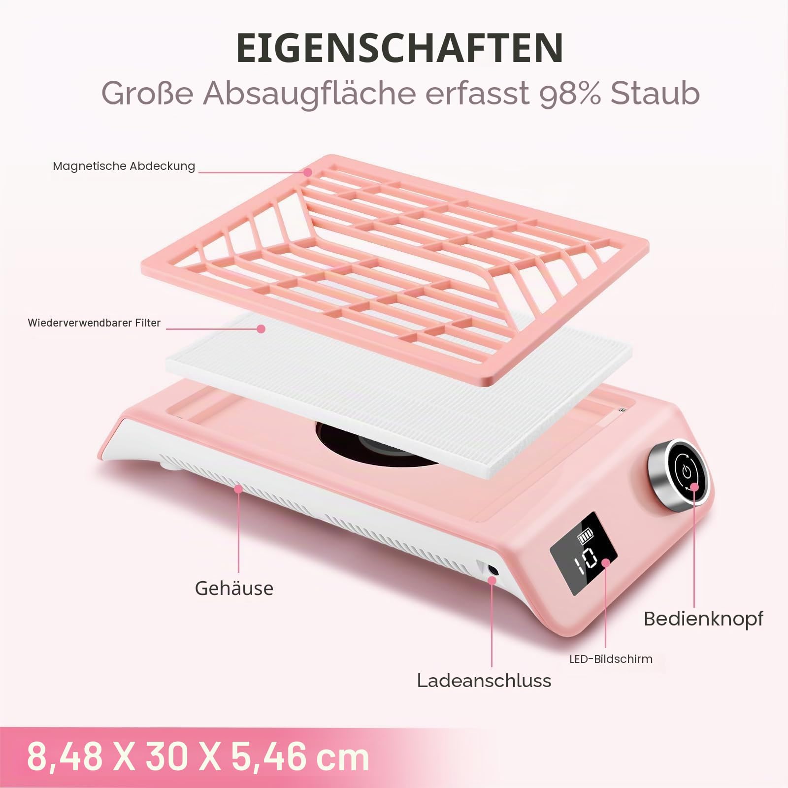 Kredioo Nagelstaubsauger mit AKKU Leistungsstarker Staubabsaugung Staubsauger für Nägel Professionelle Elektrischer Staubsauger mit wiederverwendbarem Filter für Salon Zuhause