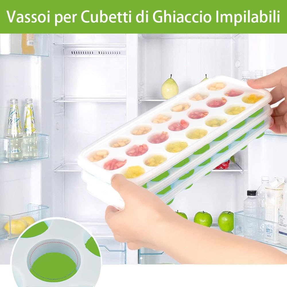 2 Pezzi Stampo Cubetti di Ghiaccio Con Coperchio, Formine Cubi Ghiaccio Silicone 100% Senza BPA Certificato LFGB, Impilabili Vaschette Ghiaccio per Cocktail, Facili da Rilascio