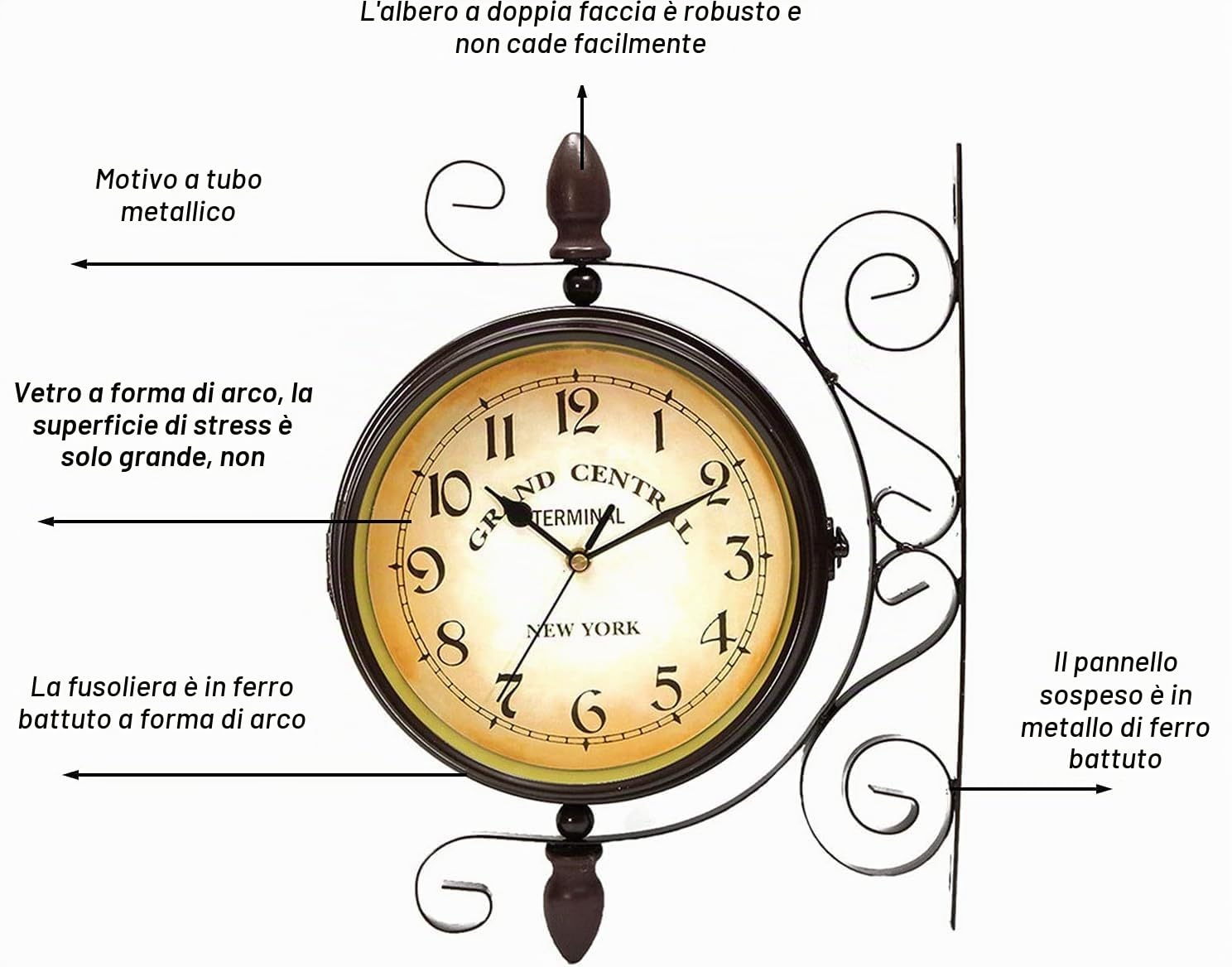 Orologio da stazione, orologio da parete girevole a doppio lato, retrò, orologio da stazione rotonda in ferro battuto impermeabile nero nostalgia, per stazione ferroviaria, soggiorno, portico