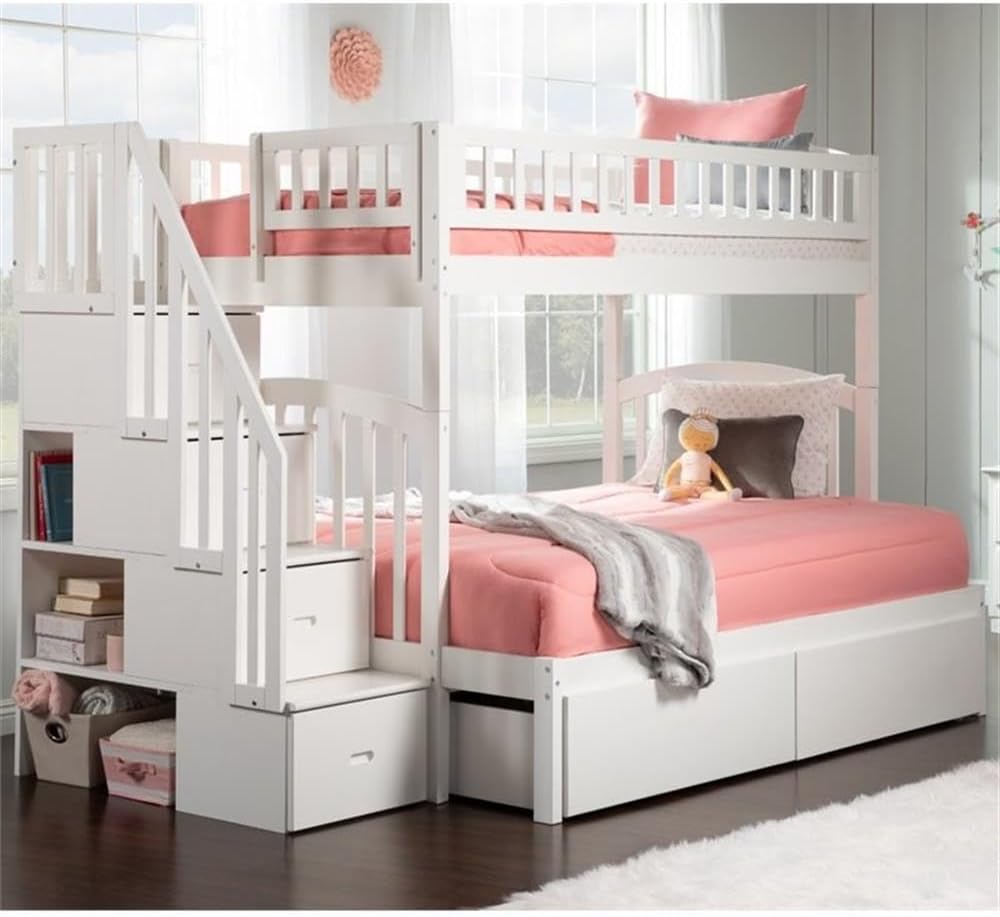 Pemberly Row Traditional Wood Staircase Storage Bunk Bed, Twin Over Full, White Satin Finish, 6 Drawers, 3 Shelves, Eco-Friendly Hardwood, Durable Design, Space-Saving Bedroom Furniture
