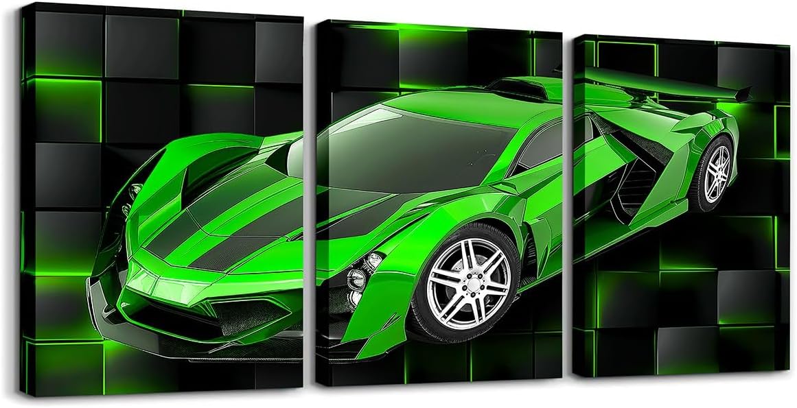 Feelyou Cuadro verde de carreras para pared, 12 x 16 pulgadas, 3 piezas de autos deportivos de velocidad, lienzo para decoración de pared, diseño