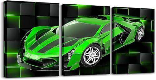 Miniatura 1 de Feelyou Cuadro verde de carreras para pared, 12 x 16 pulgadas, 3 piezas de autos deportivos de velocidad, lienzo para decoración de pared, diseño
