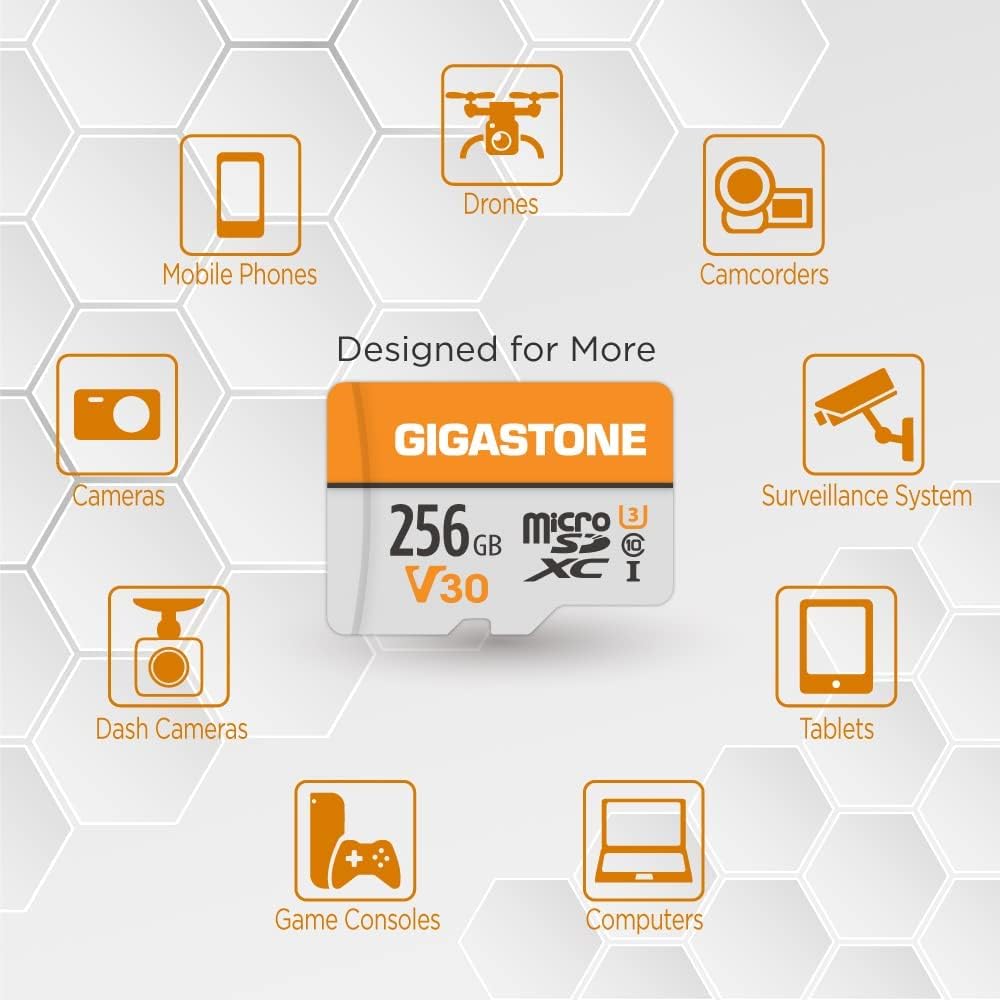 GIGASTONE 256GB Micro SD Card 5-Pack, A1 V30 4K Video Recording, Surveillance, Security Camera, Action Camera, Drone, 100MB/s MicroSDXC Memory Card UHS-I Class 10