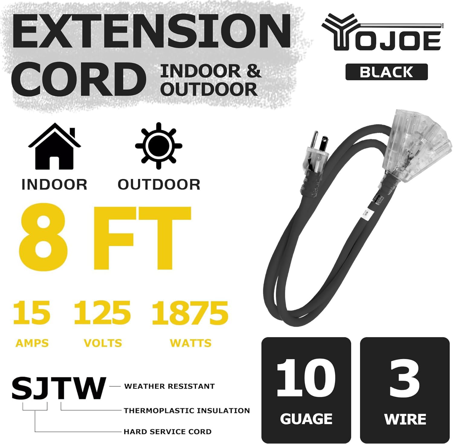 YOJOE - Cable de extensión para exteriores de calibre 10 de 8 pies con múltiples tomas, extremo iluminado, cable de extensión negro de 10/3 SJTW resistente con enchufe de tierra de 3 puntas para mayor