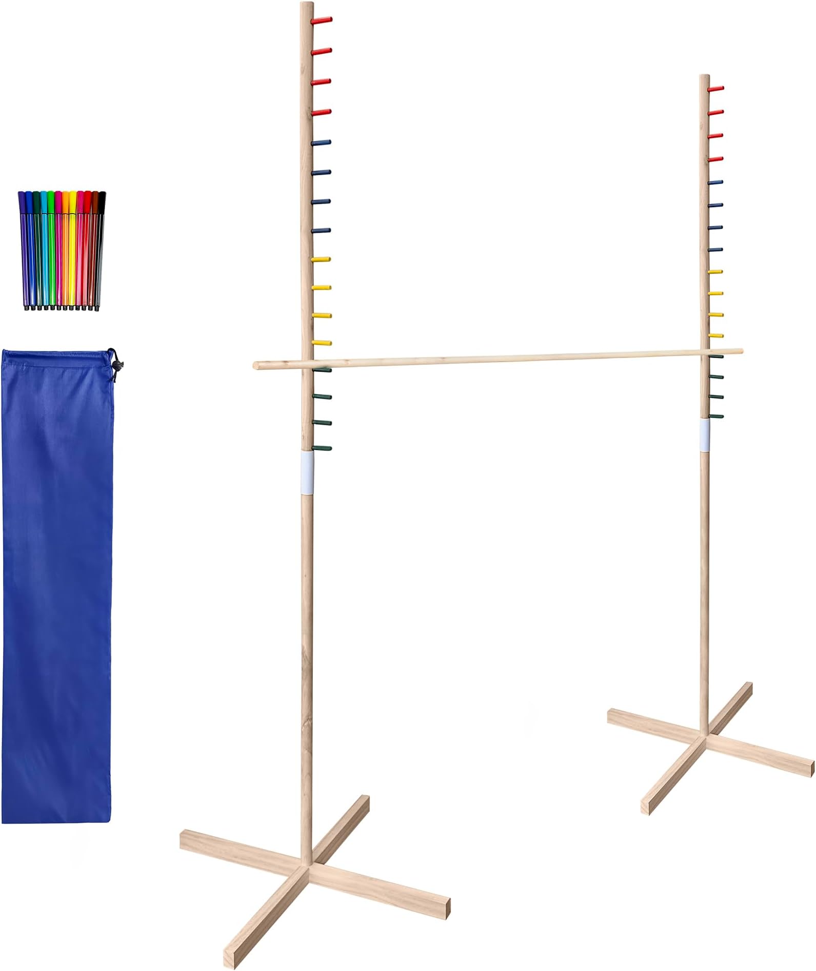 VORVIL Hawaiian Limbo Game for Kids and Adults with Wooden Frame, Stick and Pegs, Carry Bag, and Wood Paint Markers for Party, Luau, Tailgating, and Backyard Play