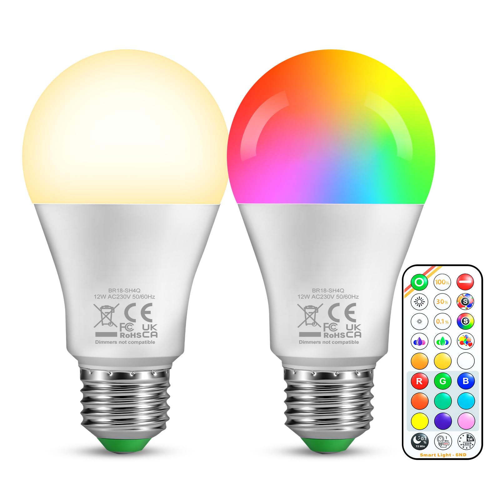 Weskjer E27 LED Glühbirne – 2PCS 12W RGB Lampen Farbwechsel Glühbirne mit Fernbedienung 1100 Lumen, Edison E27 Warmweißes Licht 2700 K Energieeffizient Schraubbirne für Schlafzimmer und Wohnzimmer