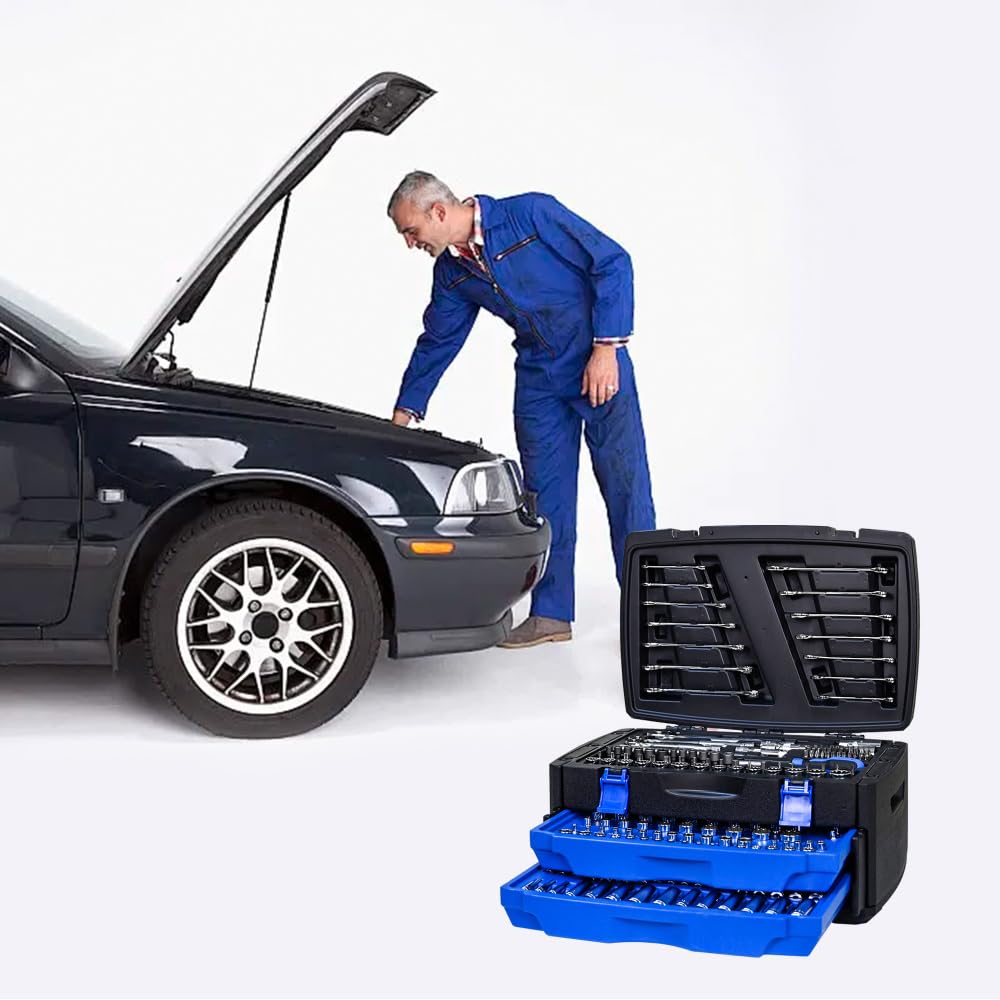 Zestaw narzędzi mechanicznych, 266-częściowy zestaw narzędzi ręcznych ze skrzynką narzędziową, kompletny schowek na narzędzia do naprawy domu i garażu, trwały, niebieski