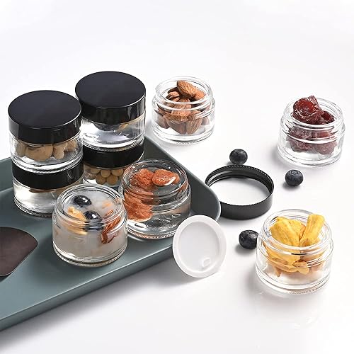 Miniatura 4 de Tecouhouse - Recipientes pequeños de vidrio con tapas, tarros de vidrio de 1 onza con tapas negras y calcomanías, mini recipiente vacío reutilizable