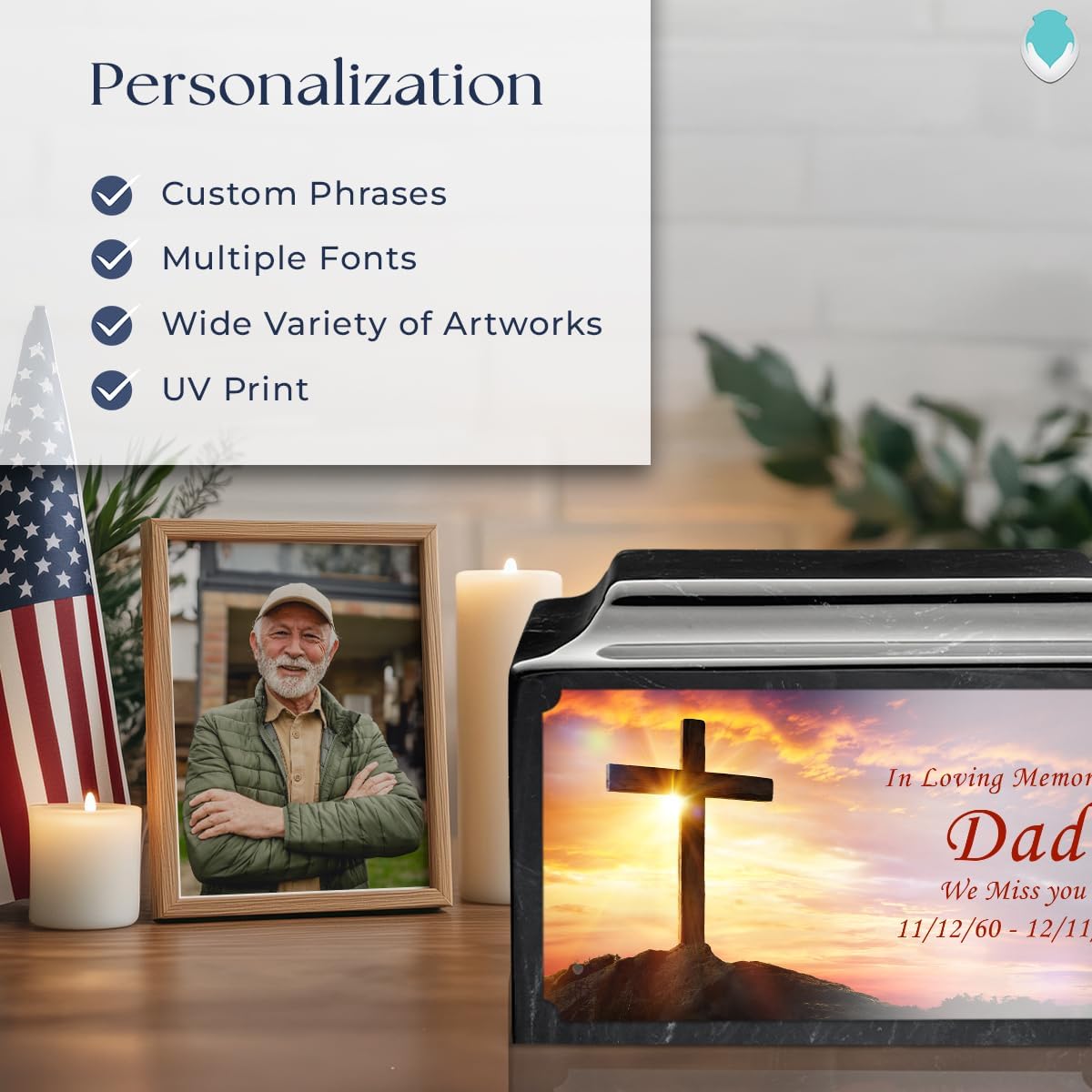 GetUrns Cultured Marble Urn Vault by Mackenzie with Personalized Cross and Text for Human Ashes I Black & White Adult Urns for Male and Female I 210lbs