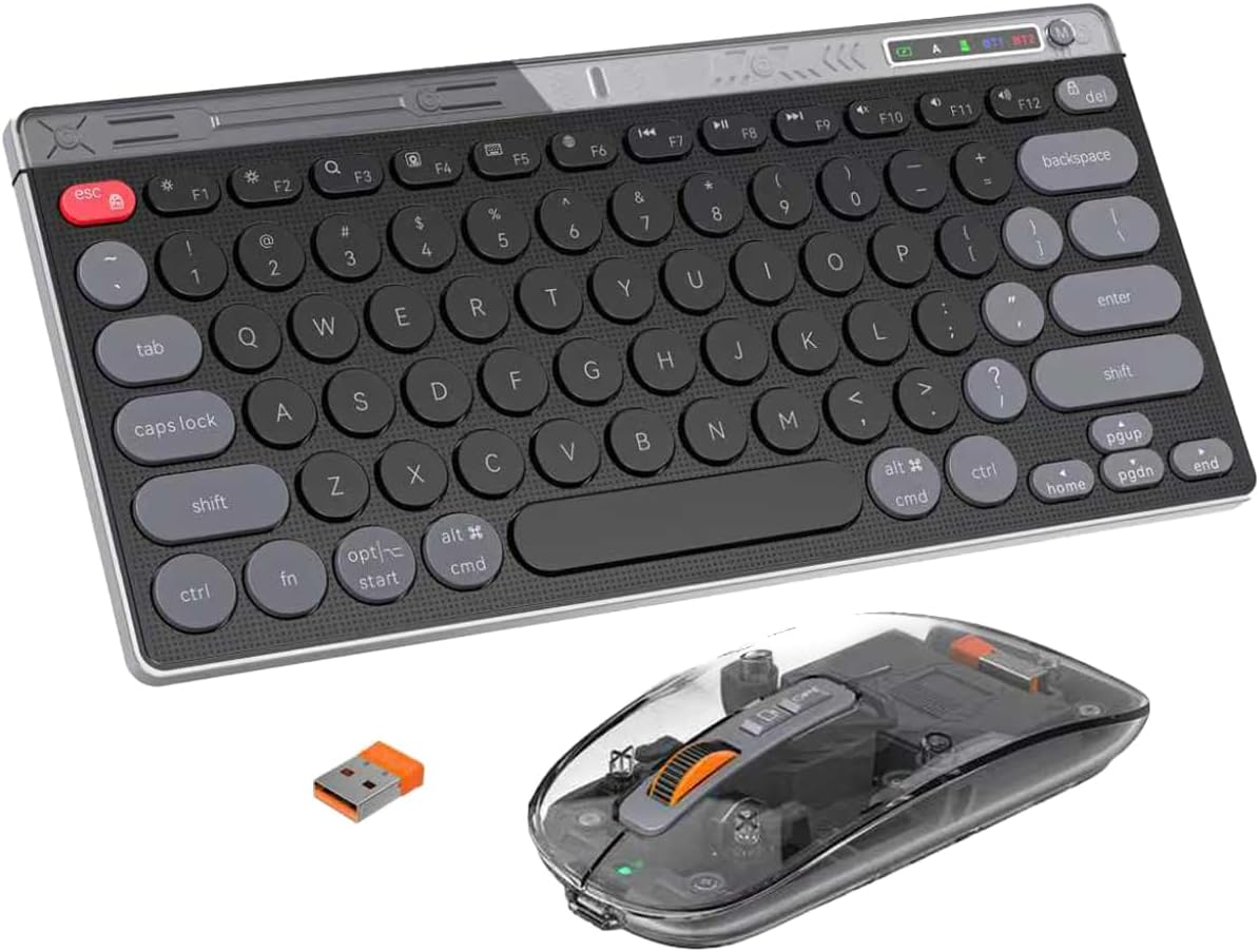 FMOUSE Wireless Keyboard and Mouse Combos - Dual Bluetooth & 2.4GHz USB Receiver, Transparent Mouse, Compact Slim Stylish for Laptop/ipad/Mac/Office - Black