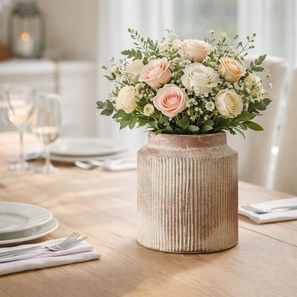 SIDUCAL Ceramic Vintage Rustic Terracotta Vase, 7.2 Inch Farmhouse Decorative Pottery Vase Wide-Mouth Vases for Home Decor, Living Room, Bookshelf, Bedroom, Bathroom, Kitchen, Whitewashed