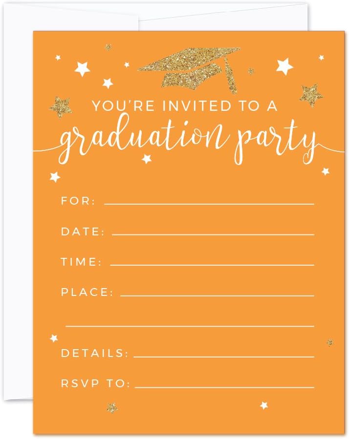 Andaz Press Gold Glittering and Orange Graduation Invitations 2026 with envelopes, 20-Pack Graduation Party Decorations 2026 Grad Party Invitation, Invitaciones Para Graduacion Class of 2026