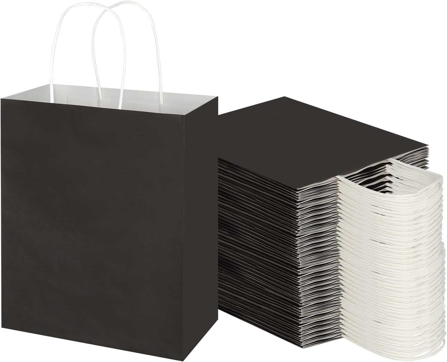 Toovip 100 Pack 8x4.75x10 Inch Medium Black Kraft Paper Bags with Handles Bulk, Gift Wrap Bags for Favor Grocery Retail Party Birthday Shopping Business Goody Craft Merchandise Take Out Sacks
