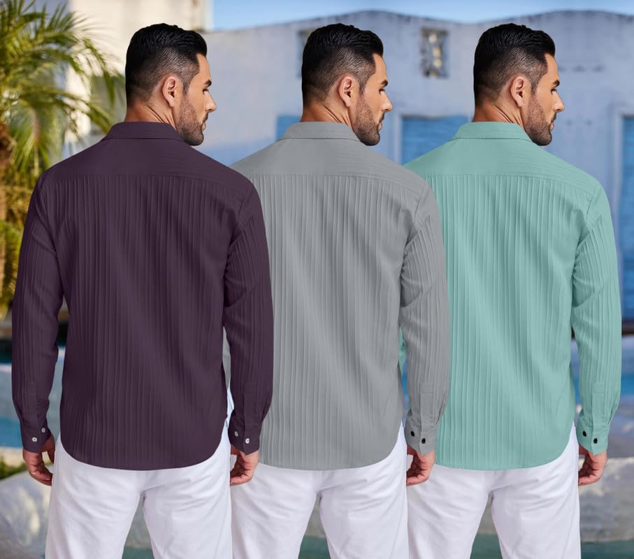 Image of FINIVO FASHION Combo of Men's Casual Cotton Plain Button Down Shirt Long Sleeve Textured Summer Beach Shirt for Men Pack of 3