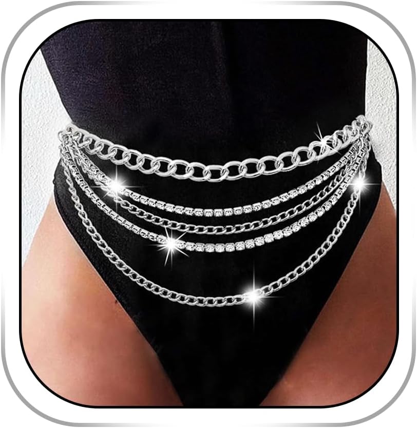 Abien Rhinestone Waist Chain Silver Layered Belly Chain Crystal Belly Body Chain Party Bikini Accessories for Women