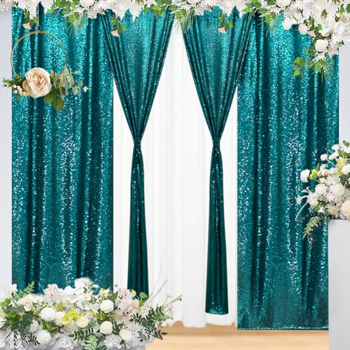Eternal Beauty Teal Sequin Backdrop Curtains, 4 Panels 2x8FT