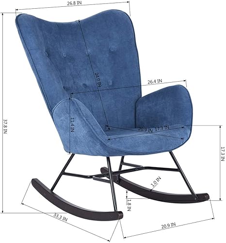 Miniatura 2 de Anwickmak Moderna mecedora de terciopelo capitoné sillón tapizado con respaldo alto cómodas sillas mecedoras con respaldo alado con reposabrazos y