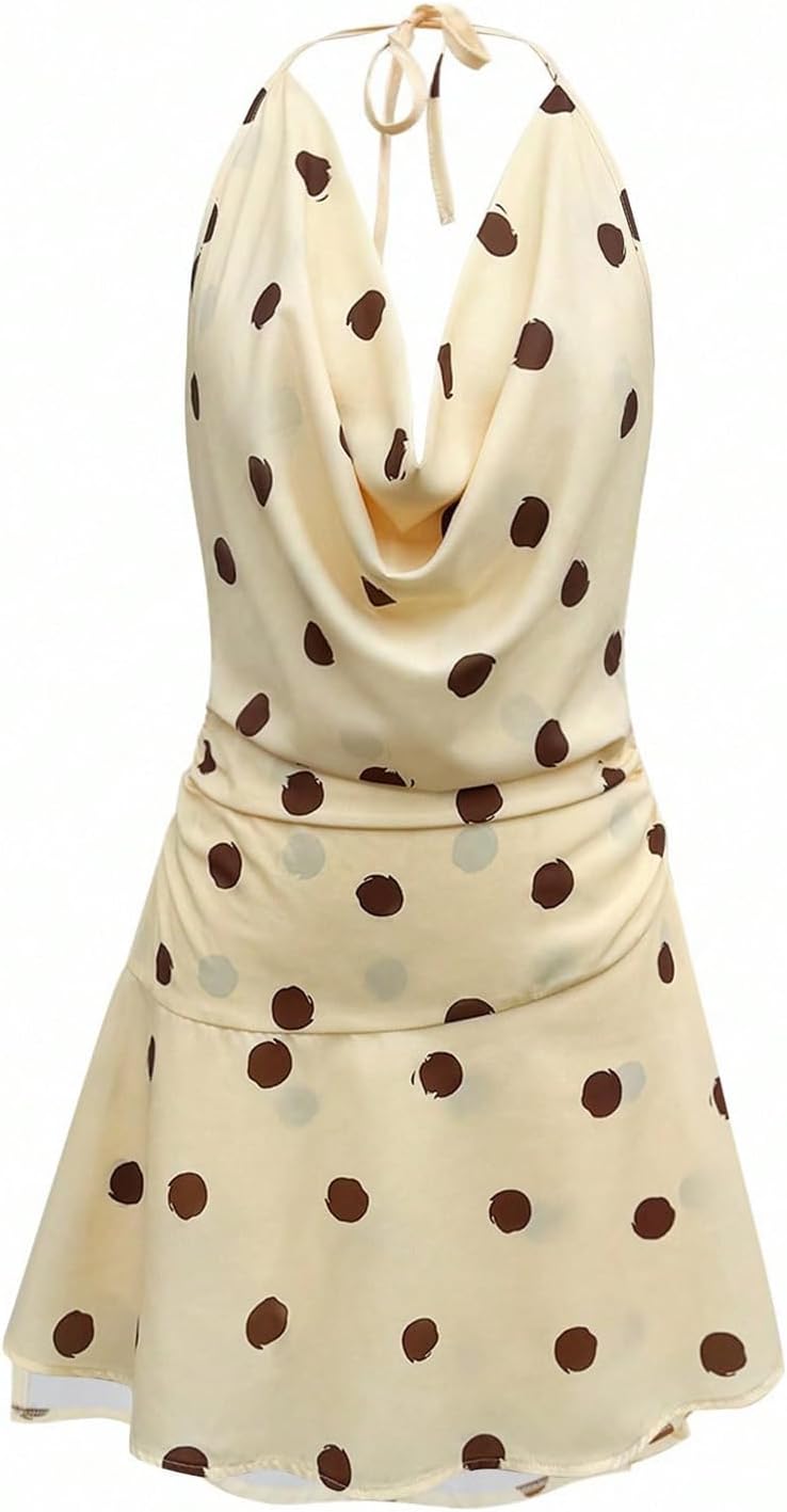 Floerns Women's Polka Dots Cowl Neck Halter Dress Draped Open Back Date Night Mini Dress - Image 3