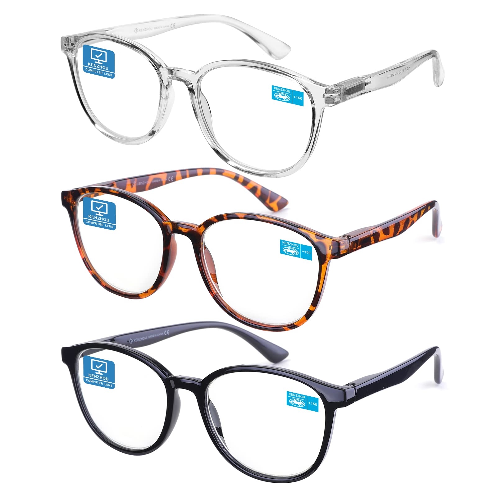 K KENZHOUBlue Light Reading Glasses for Woman Men Computer Gaming Phone TV Bluelight Blocking Glasses for Eye Strain,3-Pack