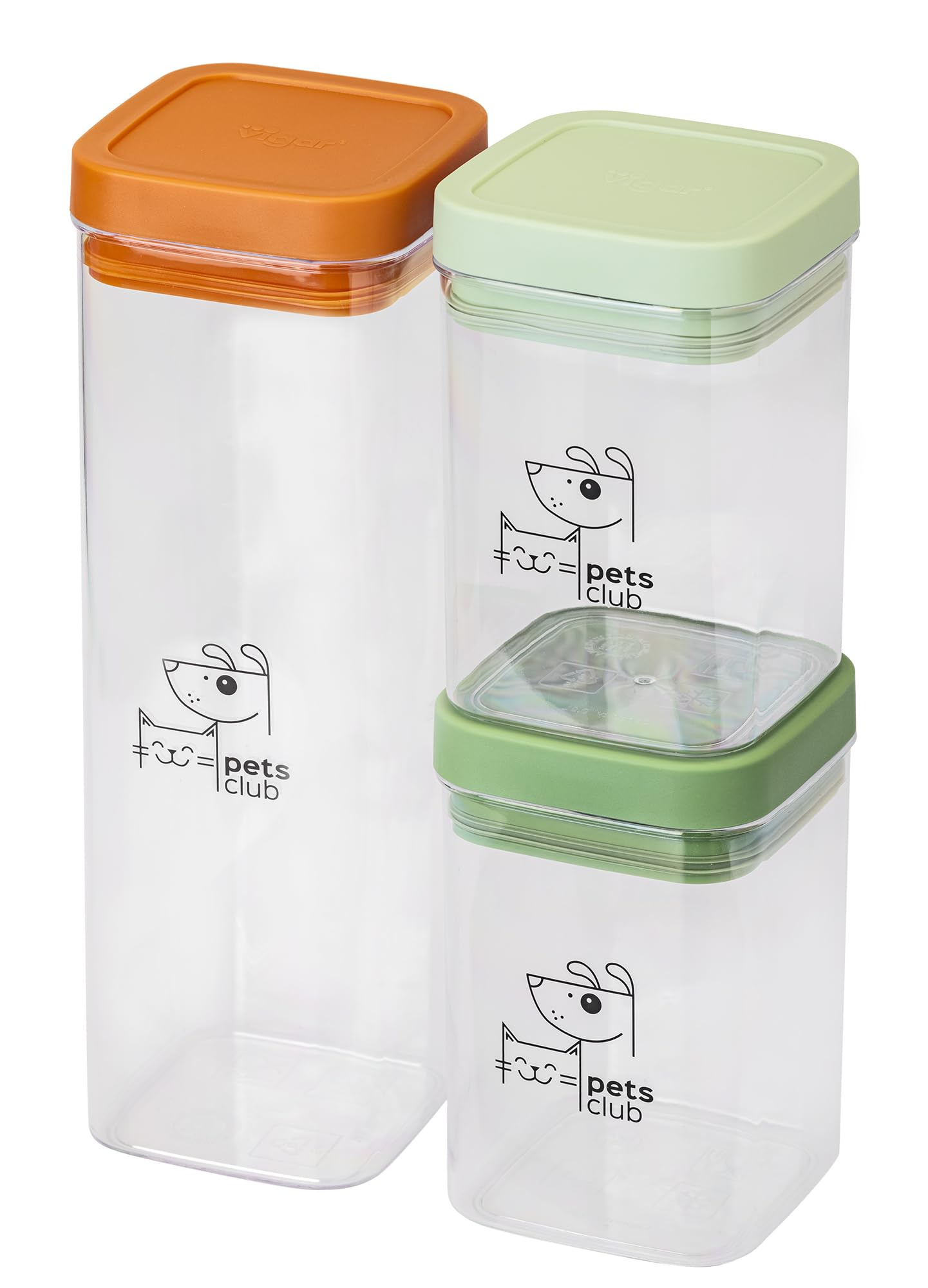 VIGAR - Conteneur pour Snacks - Pack 3 Unités - Collection Pets Club - 250 et 500 ML - Pot en Plastique sans BPA - Couvercle Hermétique - en Orange et Vert