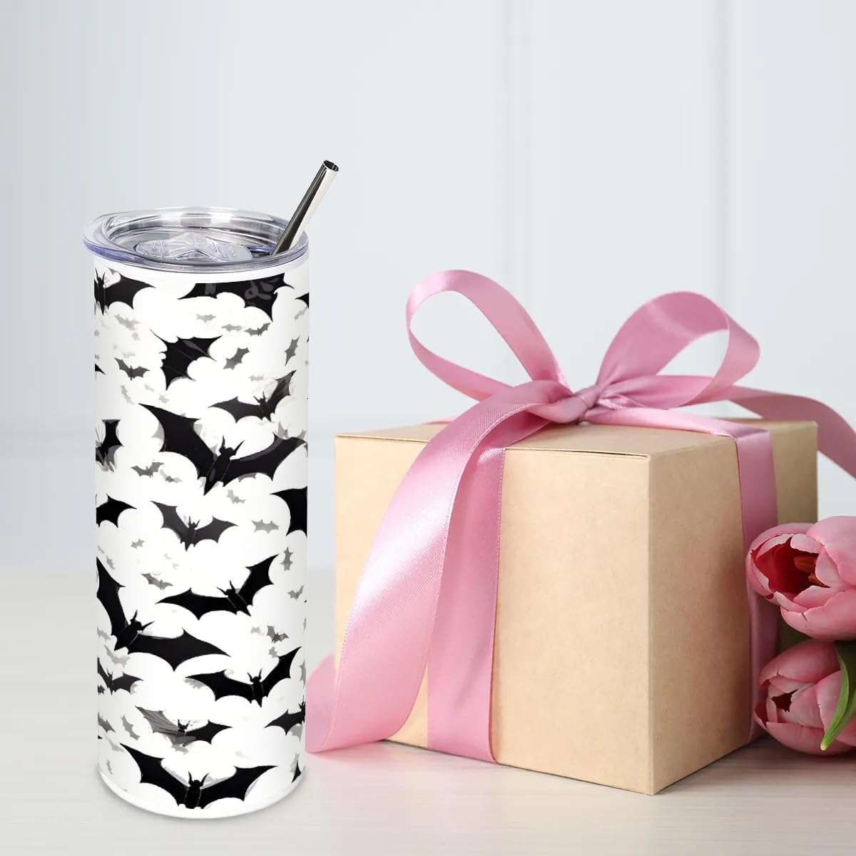 Halloween Bat 20 oz Stainless Steel Tumblers Double Wall Iced Coffee Cups with Lids and Straws Thermal Cups for Hot and Cold Drinks