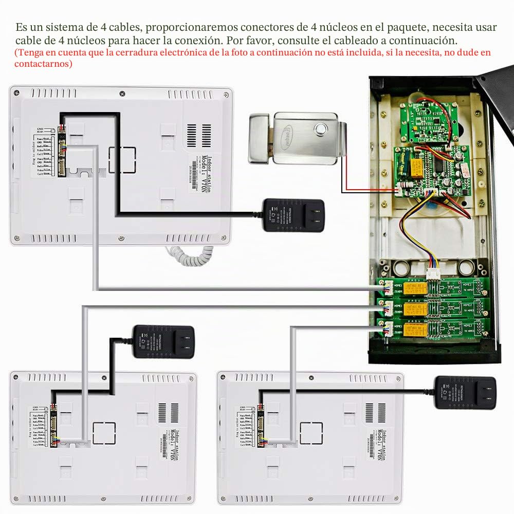 Portero de vídeo (7 Pulgadas, con Cable, Sistema de Puerta IR, cámara de visión Nocturna, 480 p + Pantallas de Control Interior para 2/3 Apartamentos (3 monitores)