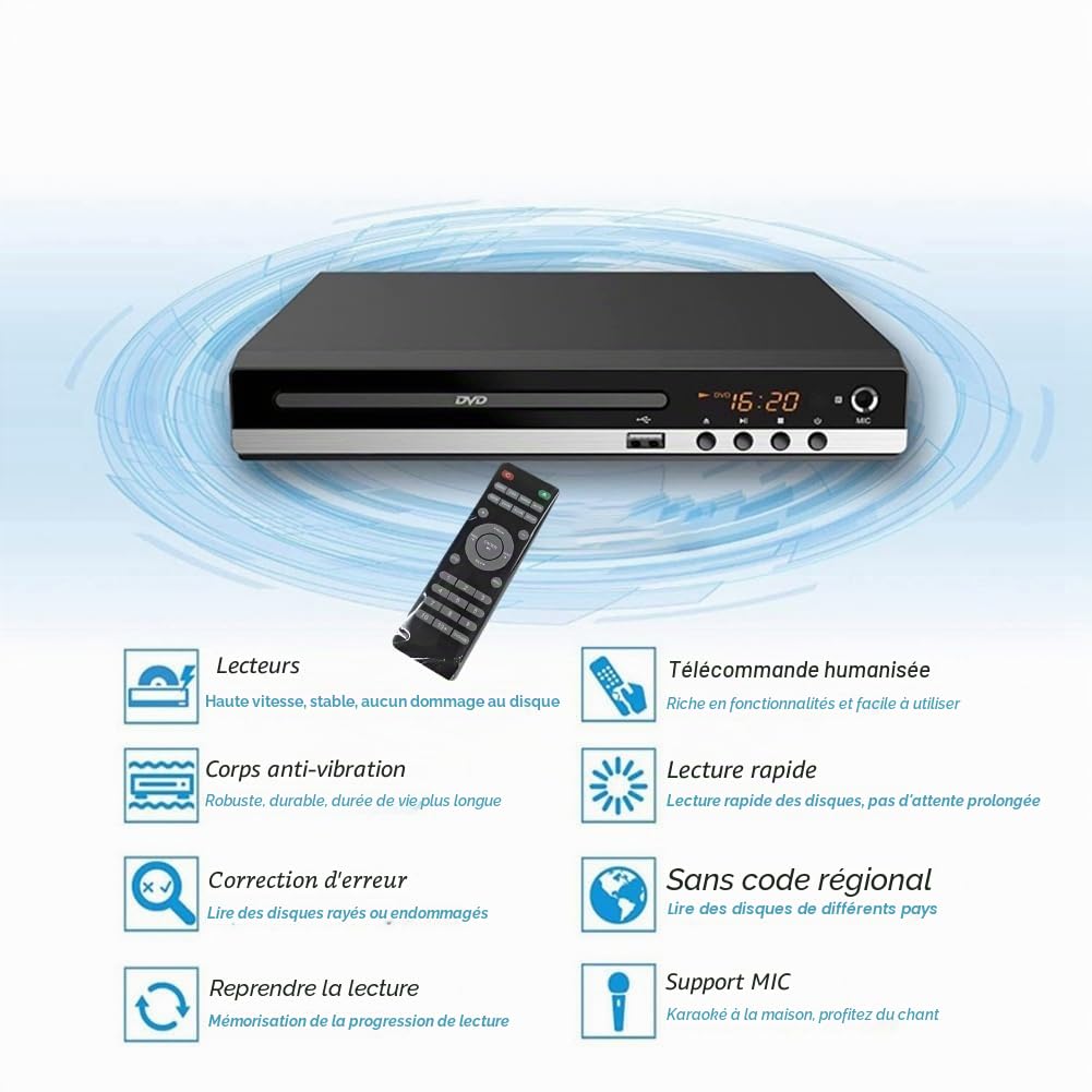 Lecteur DVD 1080P HD Home DVD-Player-Box pour Télévision Lecteur DVD CD sans région Sortie AV Lecteur EVD Prise UE Noir