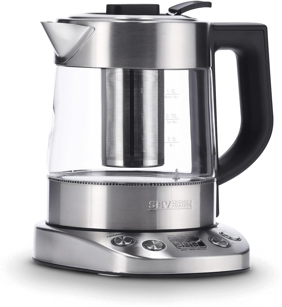 SEVERIN kettle with the stainless steel tea infuser visible inside.
