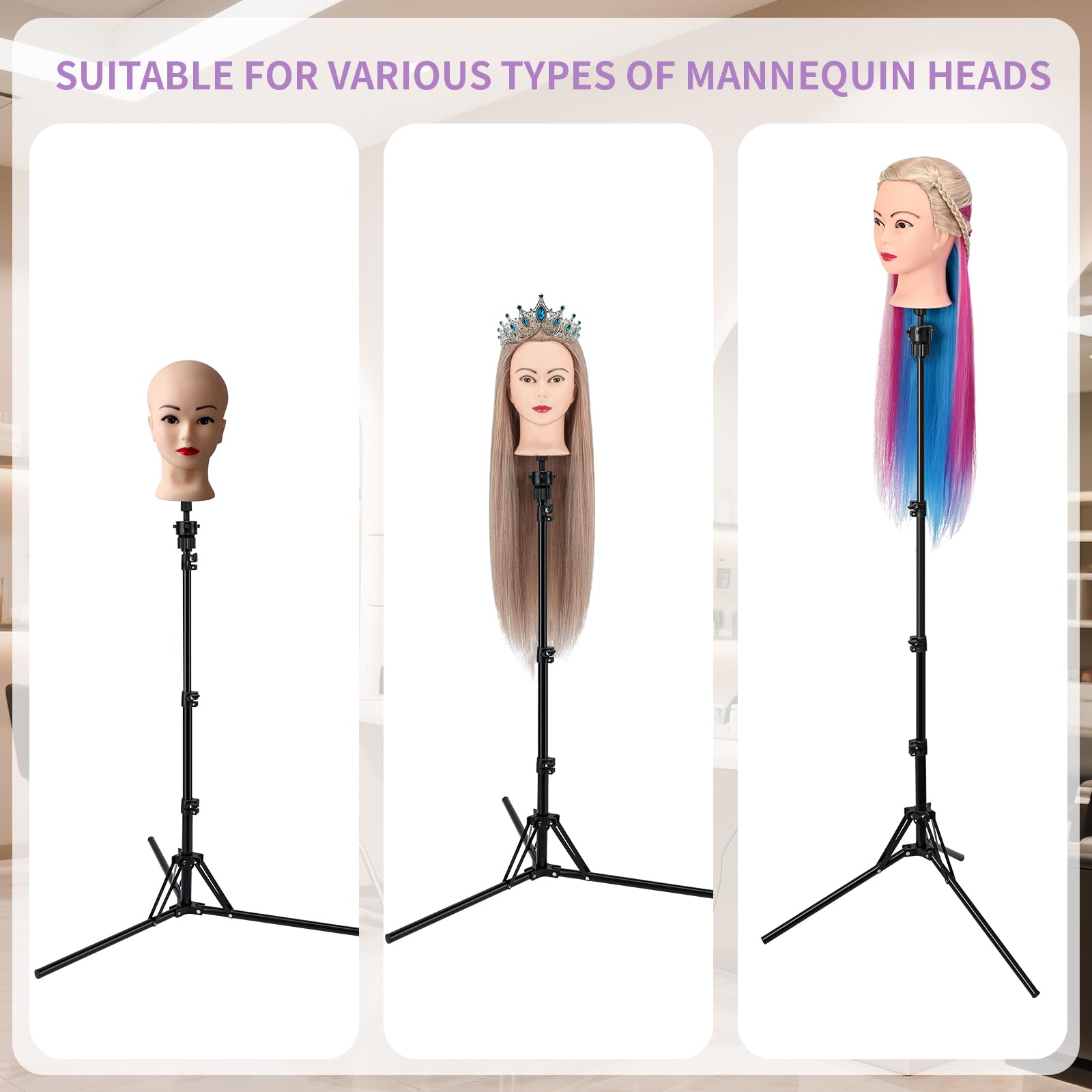 Mannequin-Kopfständer, verstellbarer Perückenständer, verstärktes Metall, für Kosmetologie, Friseurtraining, mit einem breiten Zahnkamm