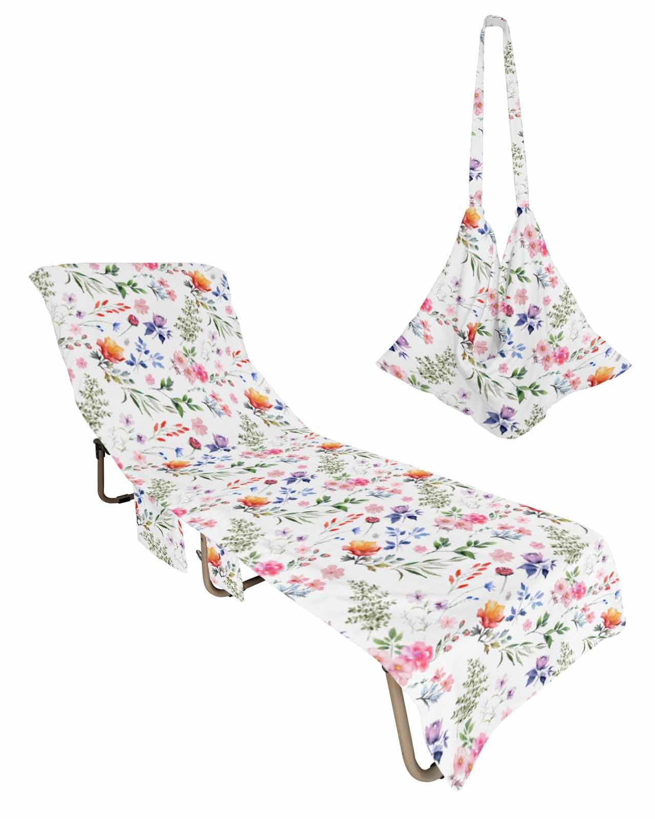 Watercolor Spring Floral Beach Lounge Chair Towel Cover, Soft Chaise Lounge Towel with Side Pockets Patio Pool Chairs Cover for Beach/Pool Sunbathing 29x85 Summer Botanical Herbs