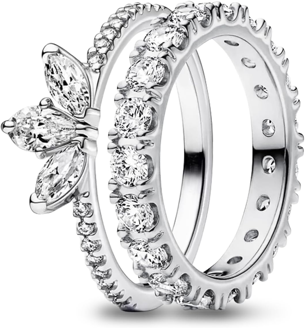 Sparkling Rapunzel Rings Set, Sliver/Gold/Rose Gold Plated Promise Rings Set, Cute Tear-shaped Crystal Tiara Ring and Zirconia Row Eternity Ring Set, Gift for Women (Silver, 8)