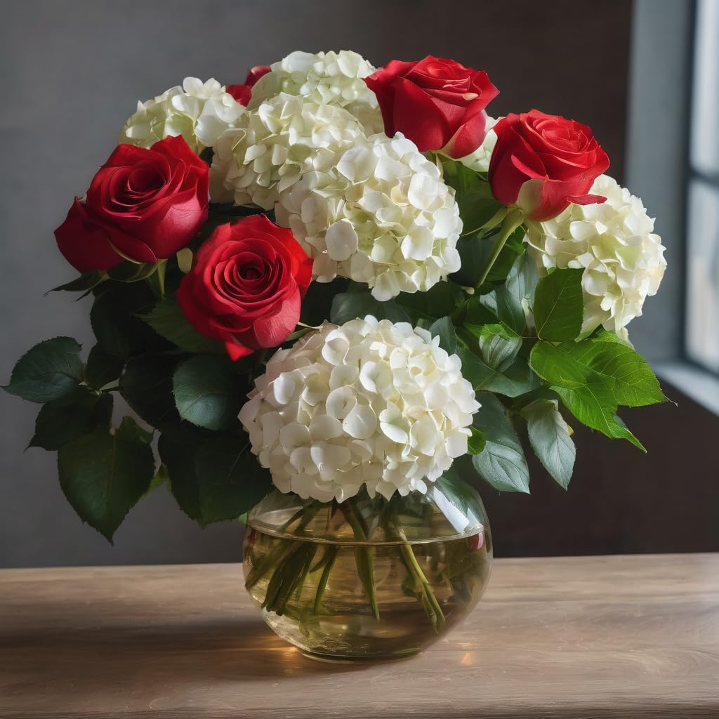 KaBloom - 6 Red rose and 2 White Hydrangeas with Vase - Fresh Flowers for Birthday, Valentine's & Mother's Day