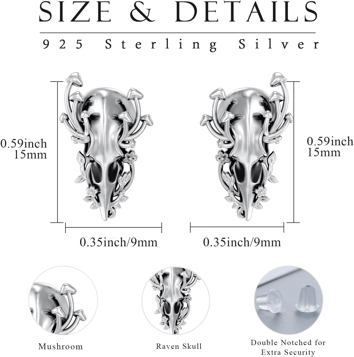 Raven Earrings 925 Sterling Silver Gothic Crow Skull Earrings Crow Ear Bird Studs for Halloween Birthday Gifts Women Men - Image 2