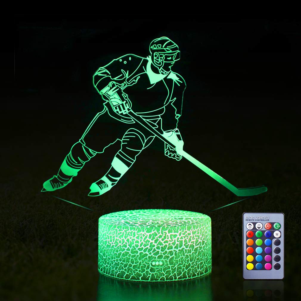 Hockey Night Light,Remote Control 3D Optical Illusion LED RGB Night Light Lamp for Kids Bedroom, Book Light for Reading in Bed Desk Room Decoration Birthday Christmas Gift for Sports Lovers Kids Boys - - 