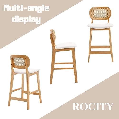 Miniatura 6 de ROCITY Juego de 2 taburetes de bar de ratán blanco Sherpa para bar, sillas de bar de madera negra de 26 pulgadas, sillas de isla de cocina con