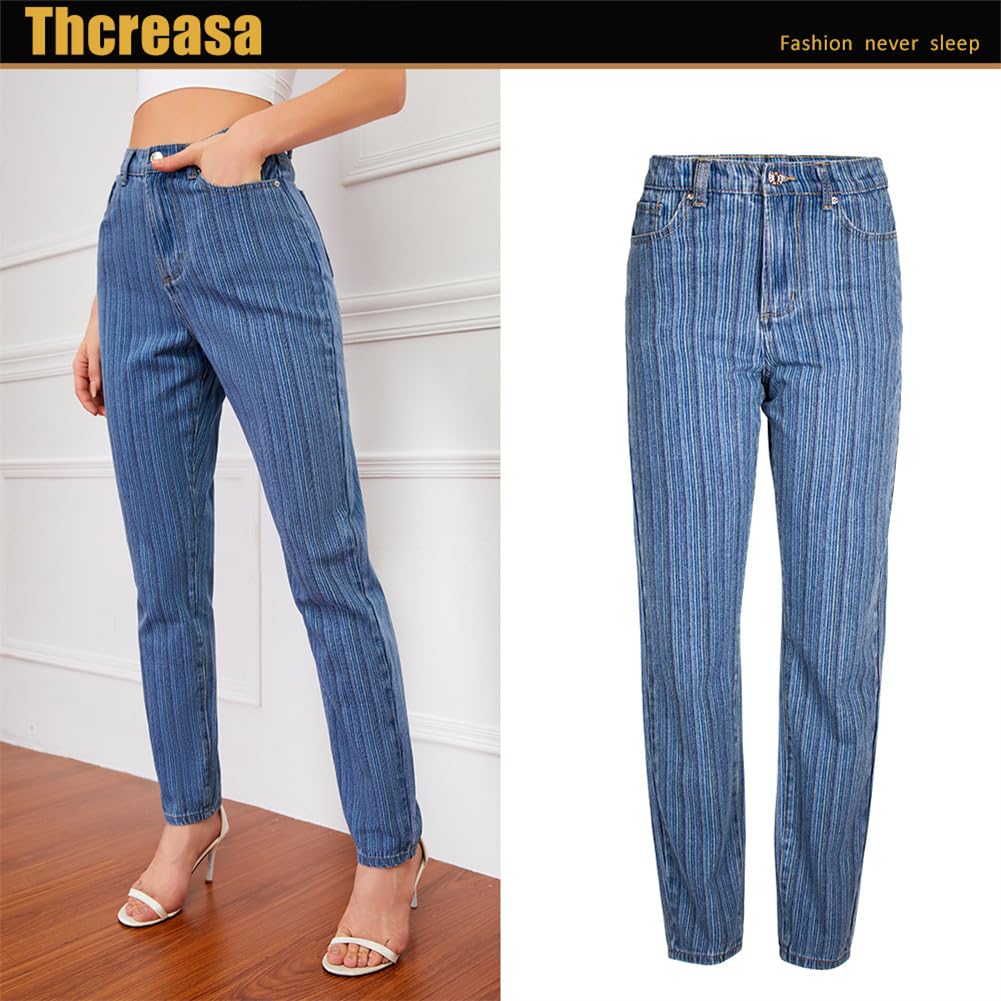 Pantalones Vaqueros Lavados De Tubo Recto Ajustados para Mujer Vaqueros A Rayas Street Small Foot