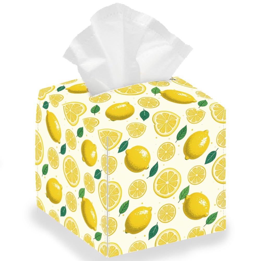 DELORIGIN Fresh Lemon Tissue Box Holder Leather Square Foldable Facial Paper Decorative Tissue Box Cover Paper Towel Case Container Organizer for Tabletop Bathroom Vanity Countertop Night Stands
