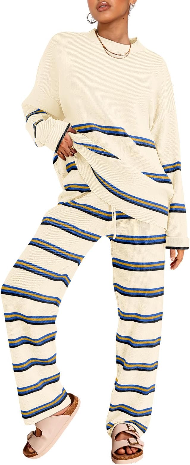2 Piece Sets for Women 2025 Fall Outfits Two Piece Lounge Sets Sweatsuits Striped Knit Sweater Clothes Fashion