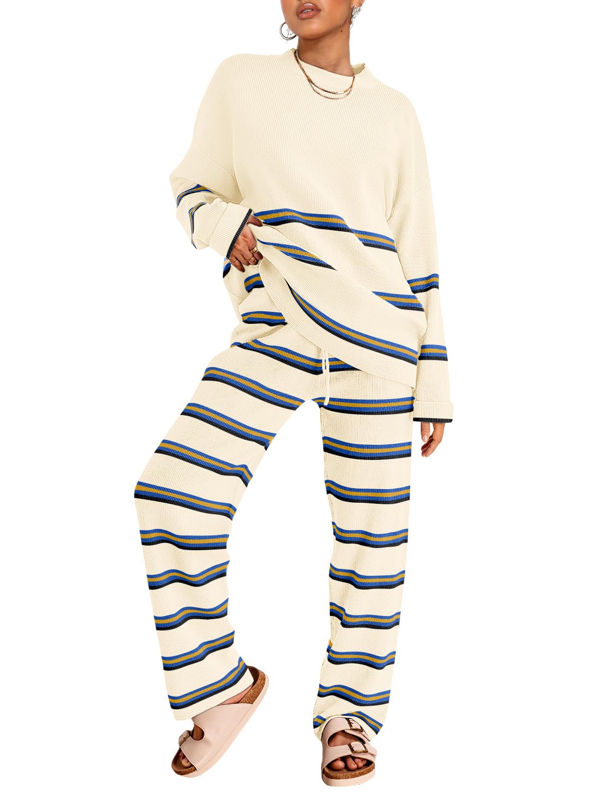 LILLUSORY 2 Piece Sets for Women 2025 Fall Outfits Two Piece Lounge Sets Sweatsuits Striped Knit Sweater Clothes Fashion