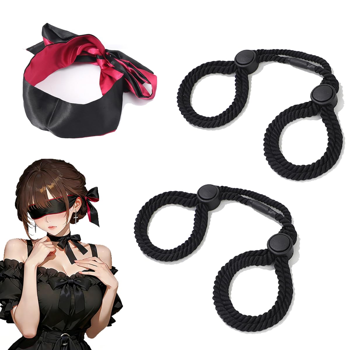 拘束具 SMグッズ アイマスク ブラック 束縛具 手錠 拘束具 大人の 手錠 目隠し 大人の玩具 SMコスプレ 束縛ブレスレット 調節可能 男女兼用 (3点セット) (ブラック)