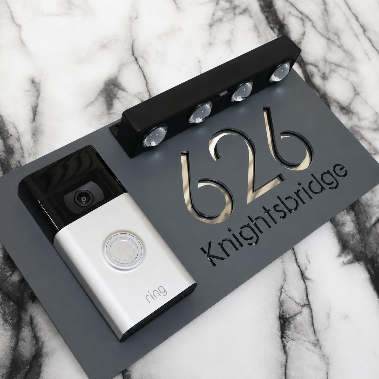 K Smart Sign | Bellissima LED DOORBELL F31 | Personalised House Video Doorbell Solar LED Signs 3d Door Numbers Street Address Number Plaques | 300mm x 160mm (Matt Grey & Silver Mirror)