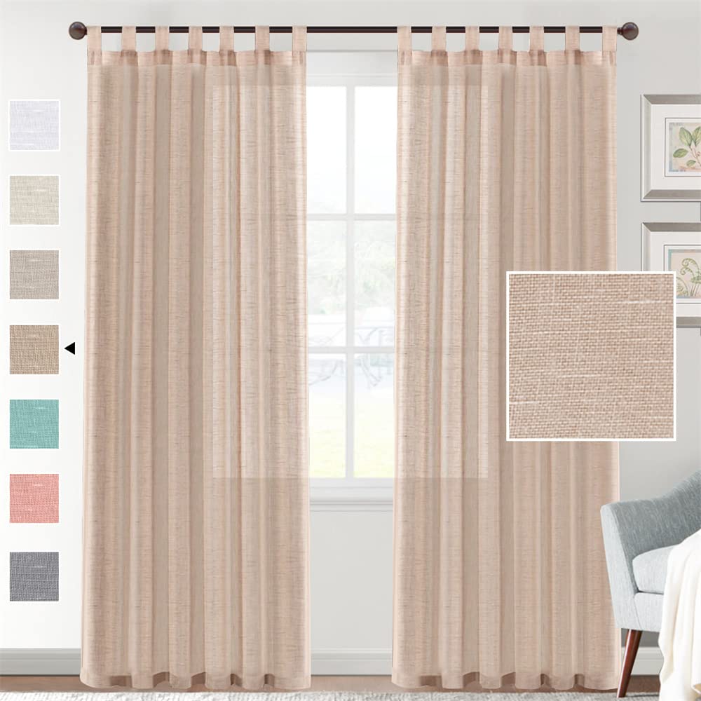 Hiseng Faux Linen Voile Tab Top Curtains 2 Panels, Semi Sheer Linen Look Net Curtains Window Drapes Privacy Protected for Home Bedroom Living Room Balcony Decorative (132x160cm,Natural color)